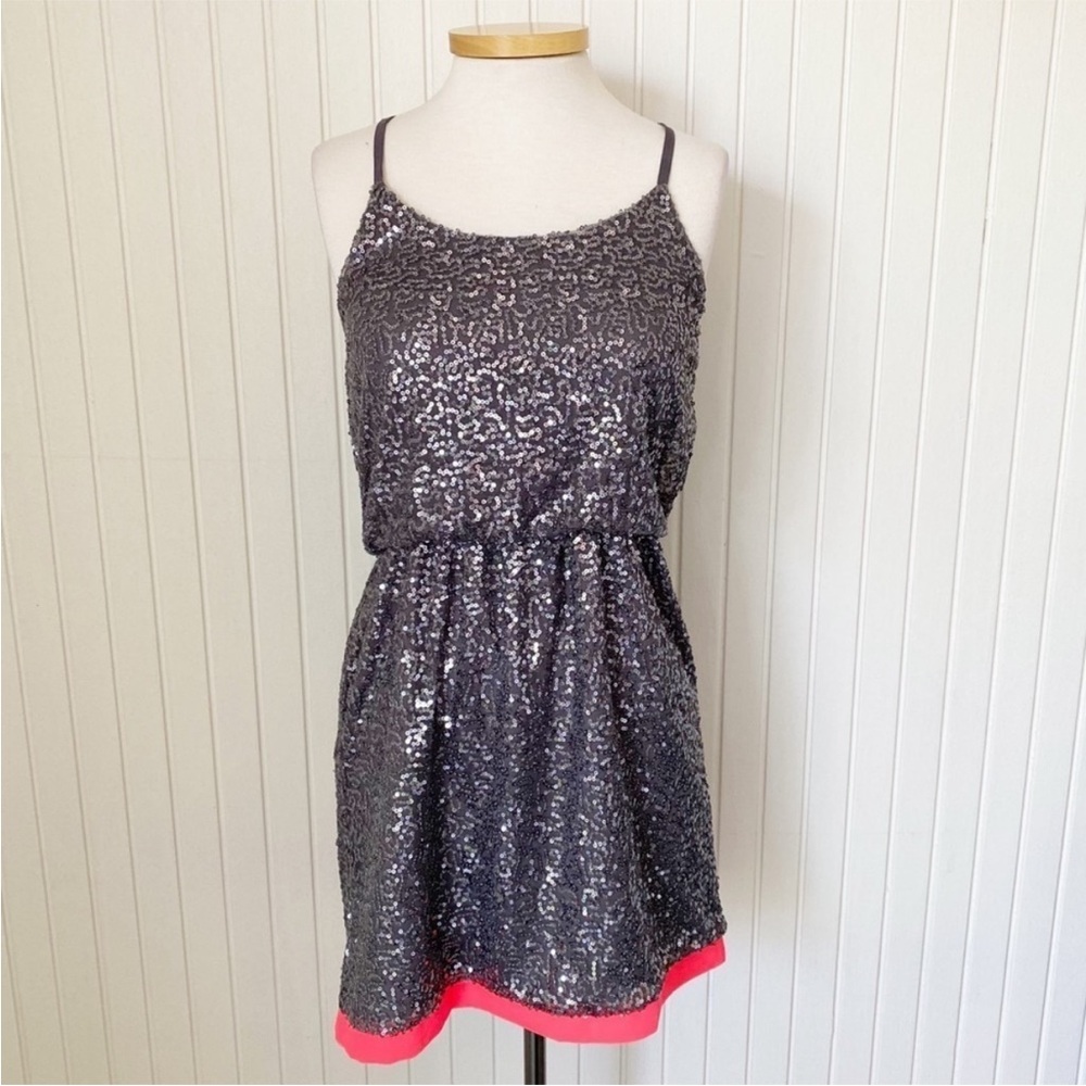 C. Luce Gray (Grey) Sequin Dress Party Bright Orange/Pink Trim Size Small